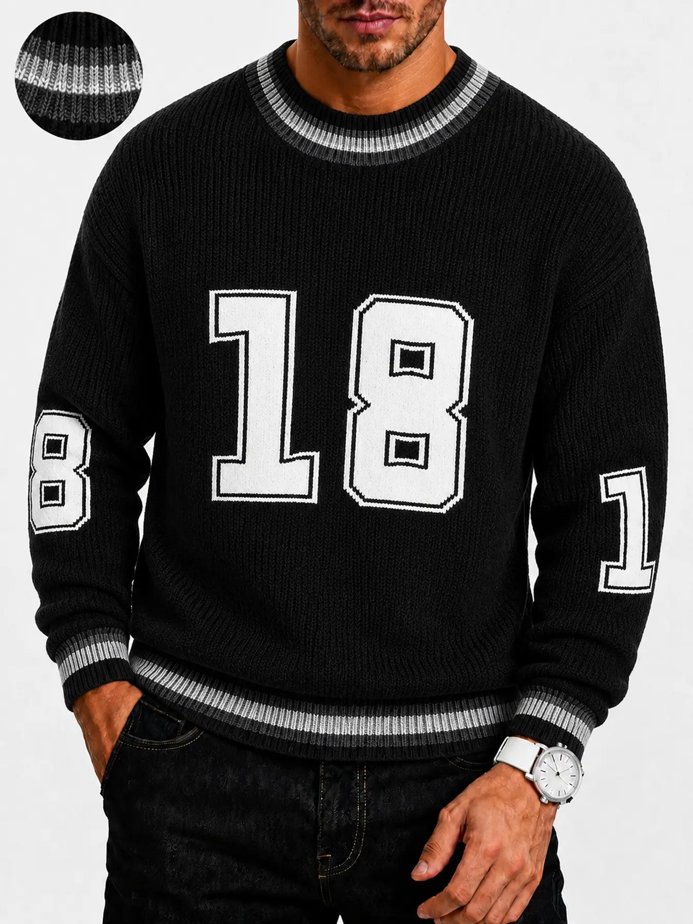 Unisex Crew Neck Stripe Trim Number 18 Graphic Knit Sweater, Long Sleeve Retro Ribbed Pullover, Fall Winter Casual Sweaters