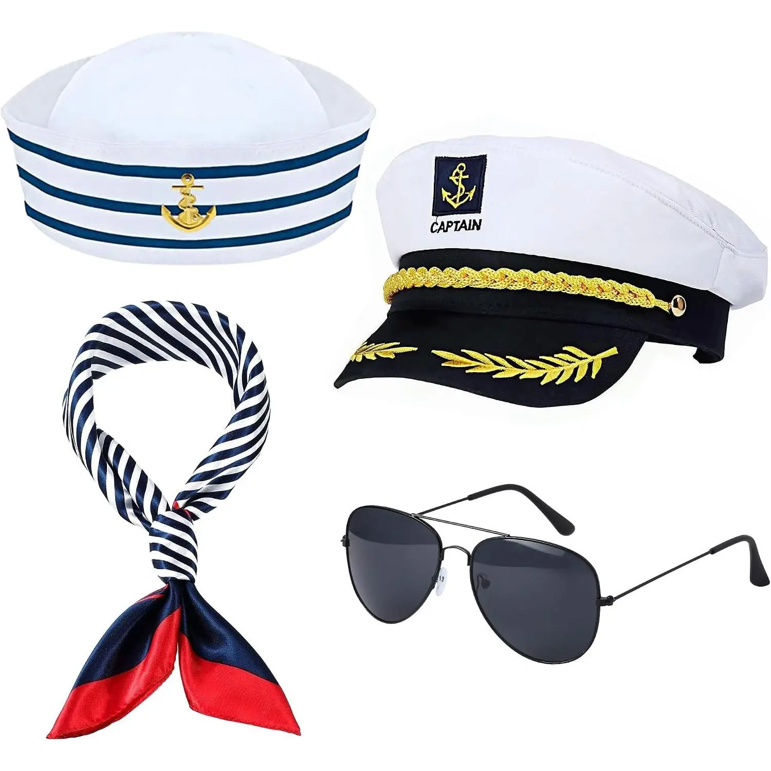 Yacht Captain Sailor Costume Set with Sailor Hat, Captain Hat, Scarf & Sunglasses, Navy Nautical Roleplay Accessories(Gift)