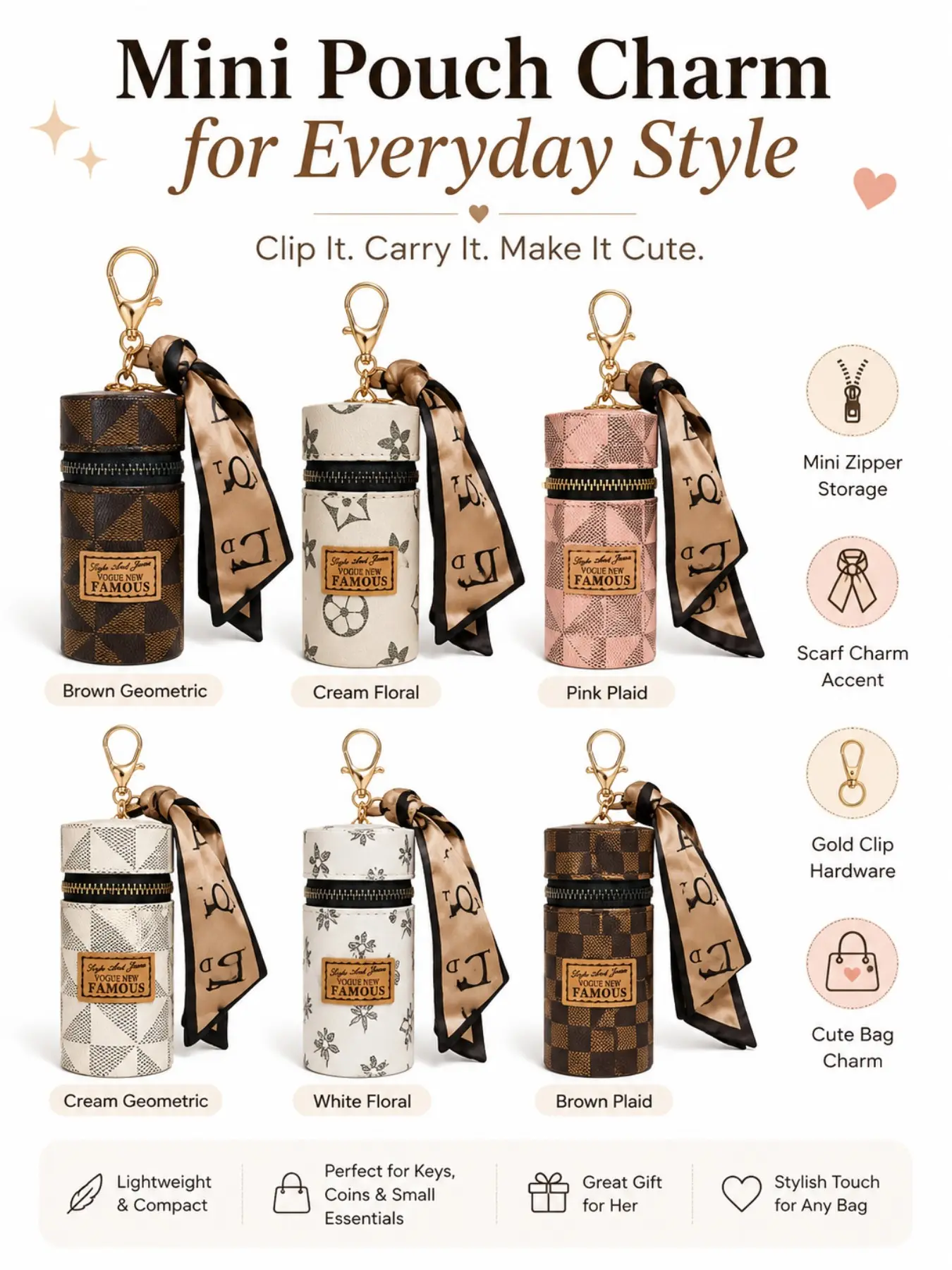 LUVTAG Mini Zipper Pouch Keychain with Scarf Charm, Cute Patterned Bag Charm Purse Accessory, Small Storage Lip Balm Holder Keychain Clip for Earbuds, Coins, Lip Balm, Keys, Handbags, Backpacks, Tote Bags