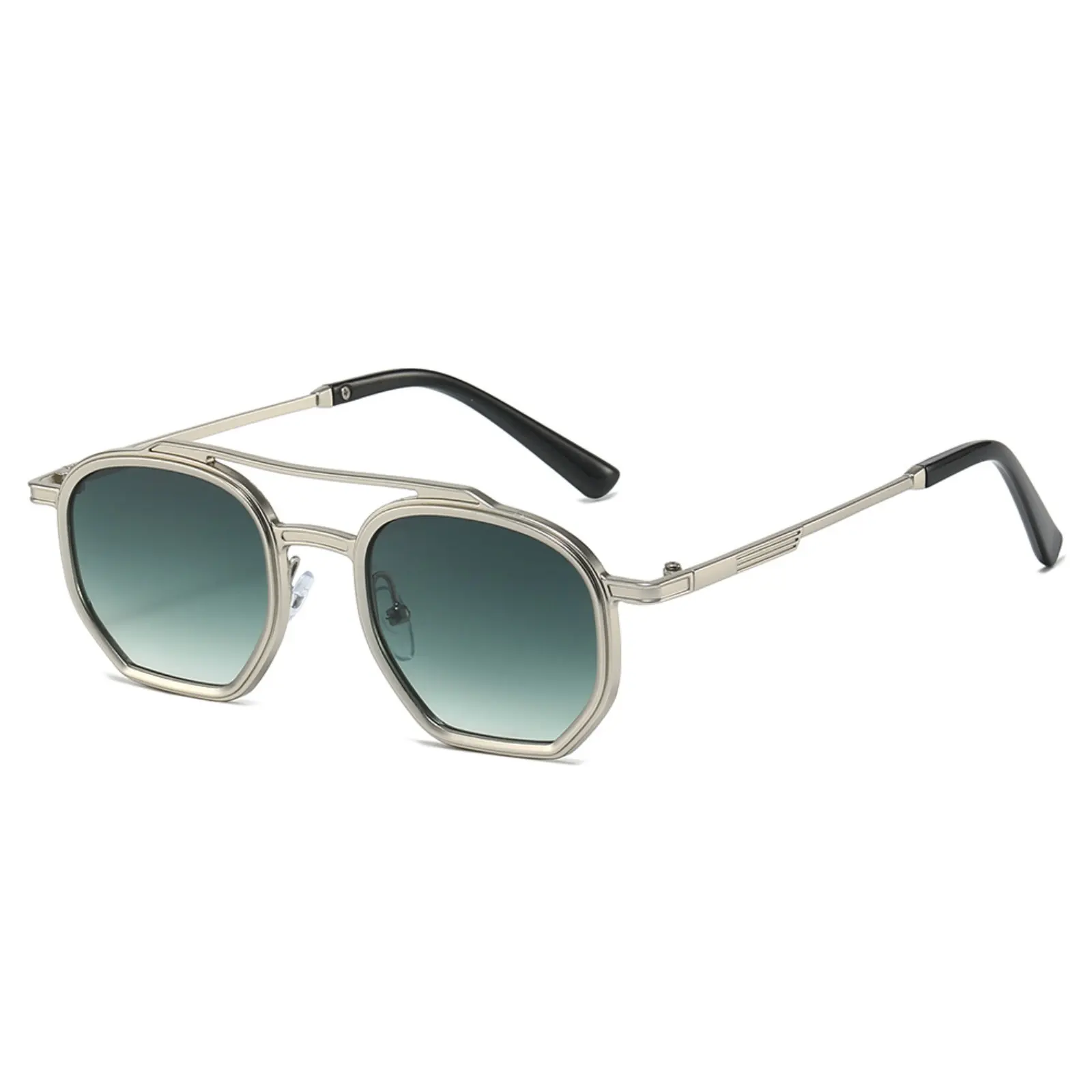 Hexagonal Double Bridge Aviator Sunglasses for Men Women, Trendy Silver Metal Frame Sun Glasses, Gradient Green Lens UV Protection Shades, Retro Casual Eyewear for Driving Travel Daily Street Wear