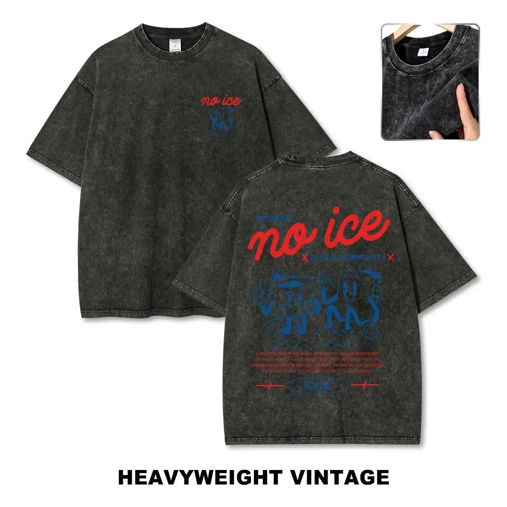 Unisex No People Illegal Anti-ICE Washed Batik Cotton Oversize T-Shirt - Men's Tops, Pre-Shrunken, Super Soft, Unisex Casual, Casual Short-Sleeve Streetwear