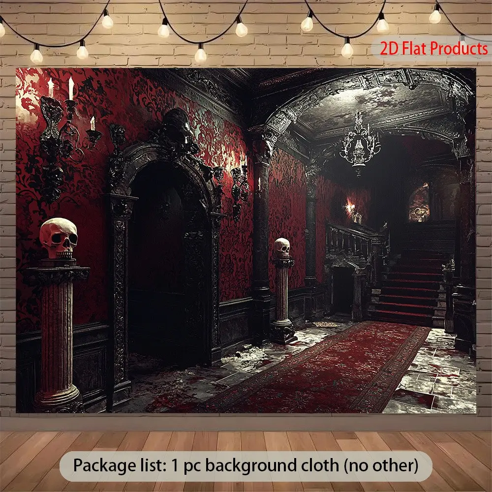 Gothic Mansion Corridor Background Wall with Skulls and Candles, Deep Marble Texture, Halloween Wedding Party Decor