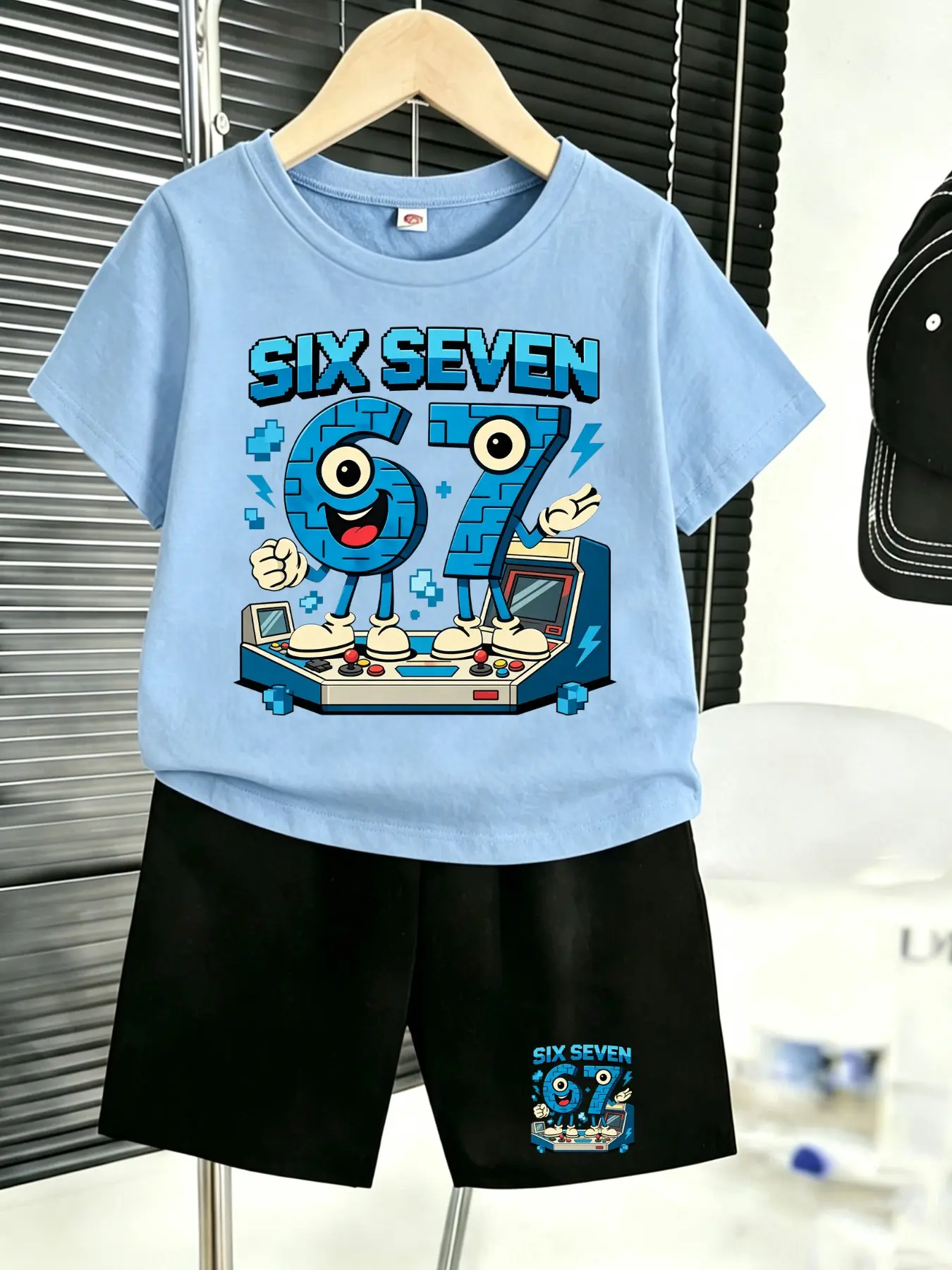Viral Cartoon Arcade Game  67 Matching Lightning Print Kids 2Pcs Outfit, Boys Red Summer Must-Have Summer Clothing Set Tee & Black Shorts Set, Trendy Cool Six Seven Versatile Multi Color Boys Birthday Gift Hot Selling Graphic Print Set#67 Boys Set