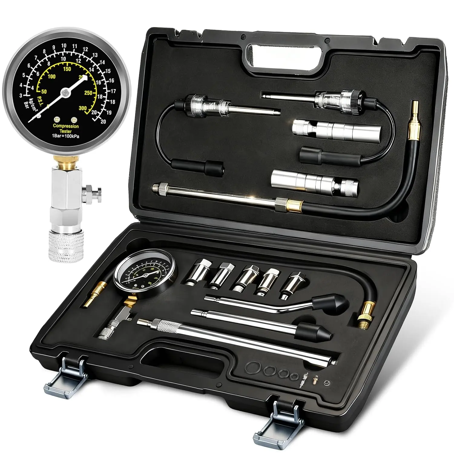 15 count Compression Tester with Spark Plug Tester & 14mm&16mm  Swivel Spark Plug Socket - 300PSI Engine Cylinder Compression Gauge Automotive Tool
