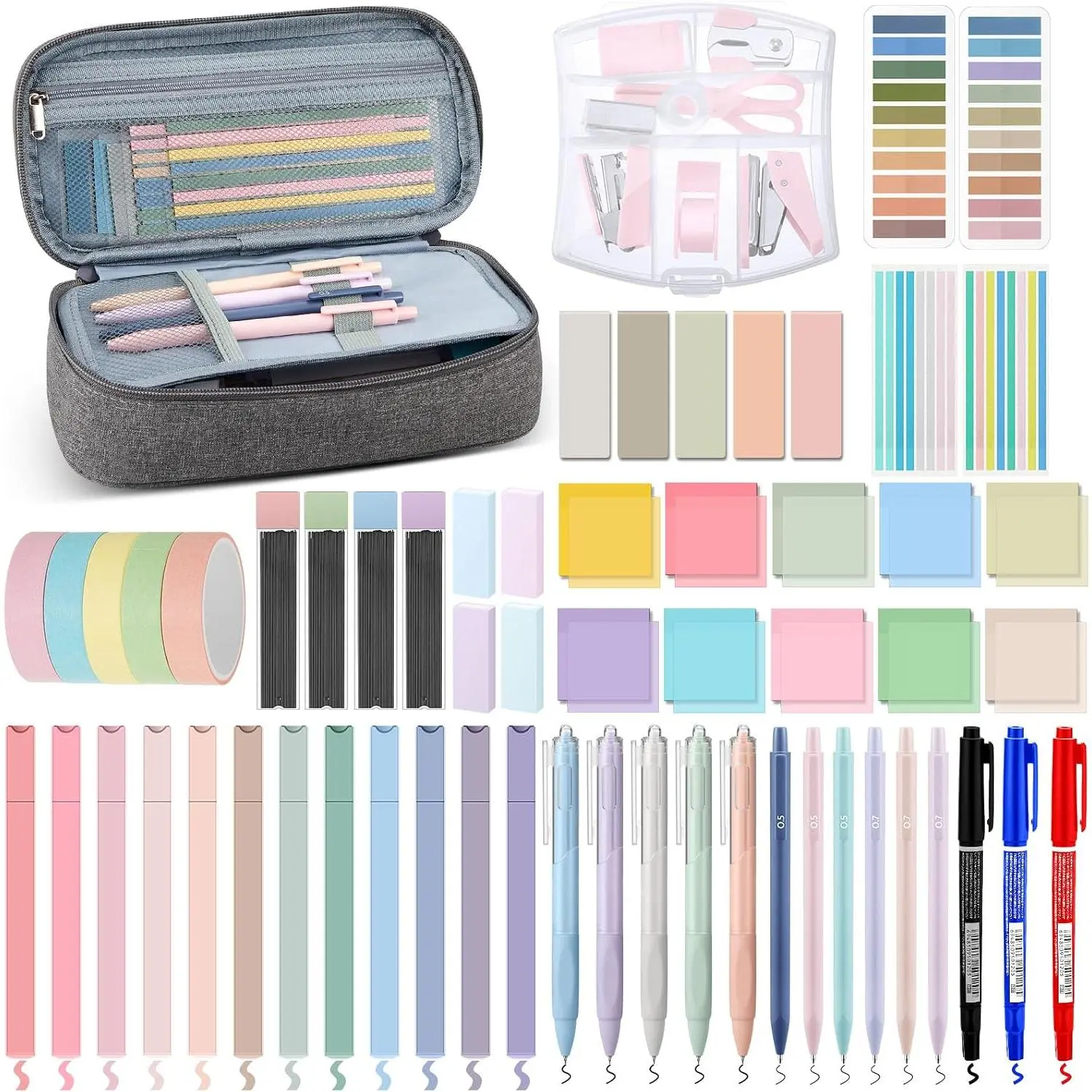 60 count Aesthetic Book Annotation Kit Gray Pencil Case with Highlighter Gel Pen Mechanical Pencil  Bookmarks Transparent Sticky Note Tabs Mini Office Supplies