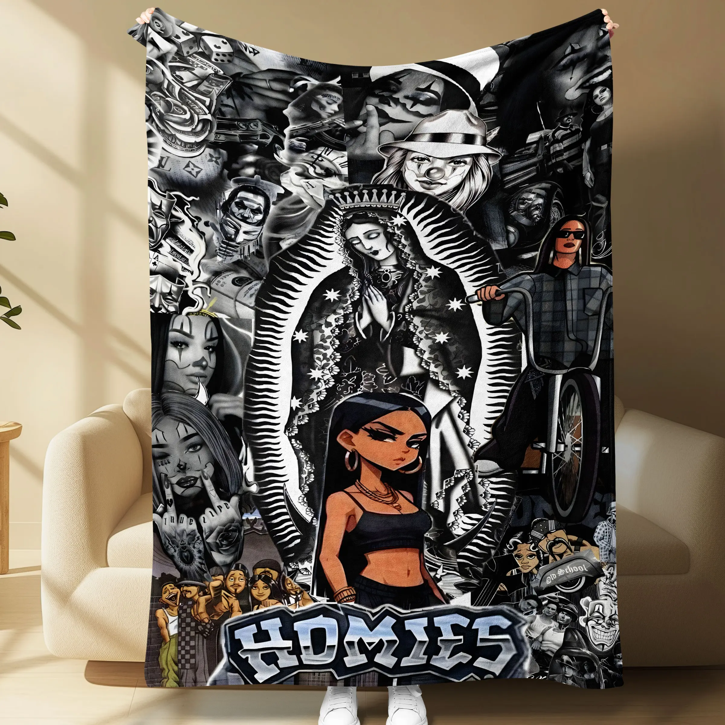 Chicano Art Flannel Throw Blanket, Lowrider Girl Collage, Soft Cozy Warm Fleece Blanket, Home Decor Gift