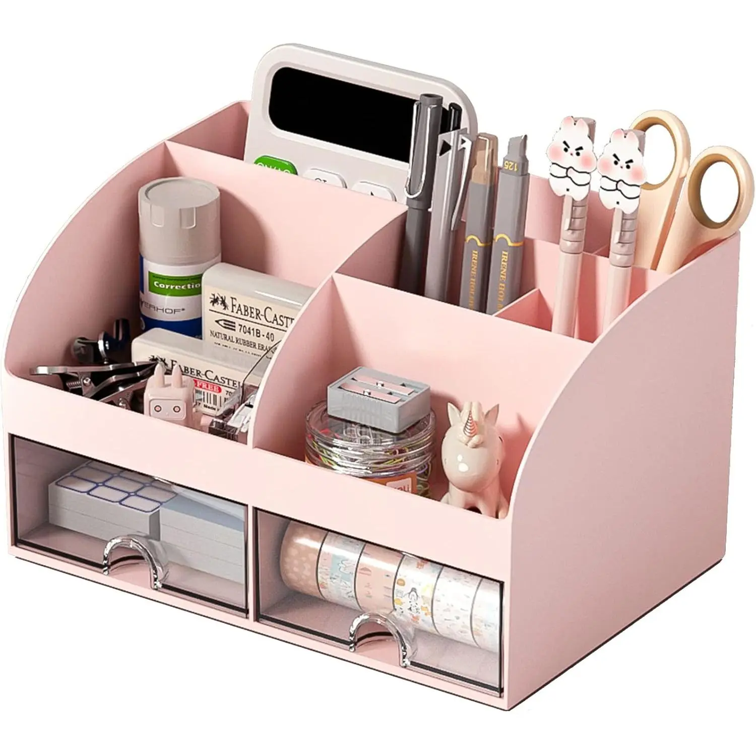 Desk Organizer with 6 Compartments and 2 Drawers, Plastic Makeup Organizer, Pen Holder for Desktop Storage, Desk Organization for School, Home, Office Supplies (Pink)