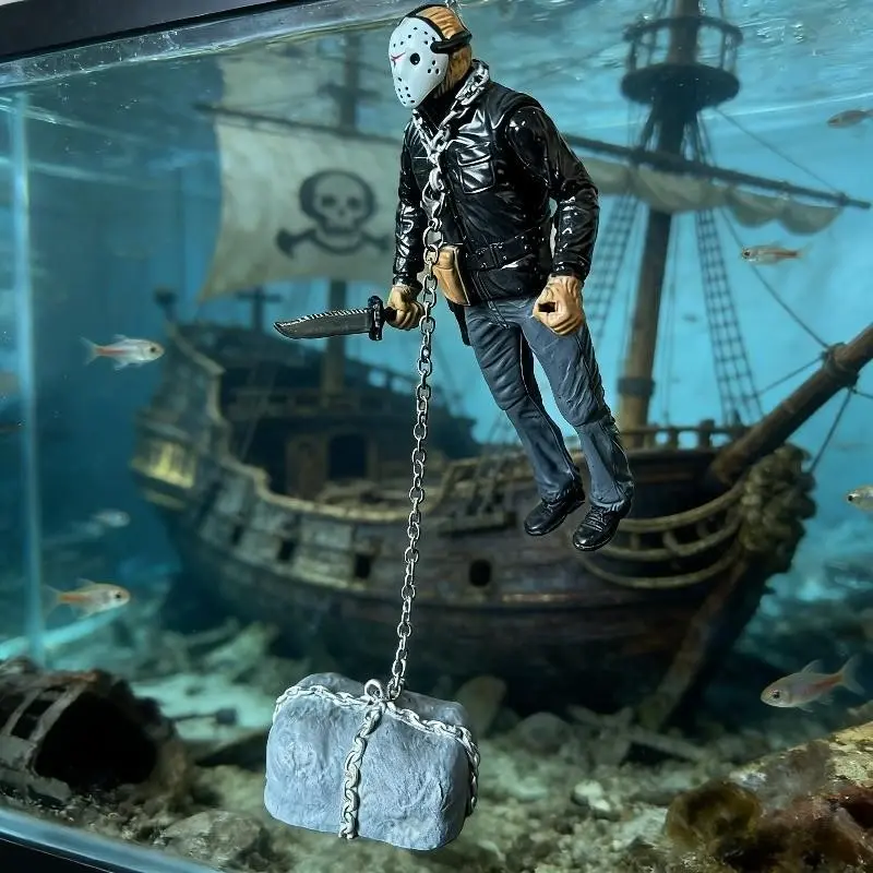 Terrifying Underwater Hockey Mask Chain Statue, PVC Aquarium Decor, Hidden Space Details, Aquascaping Gift for Fish Enthusiasts