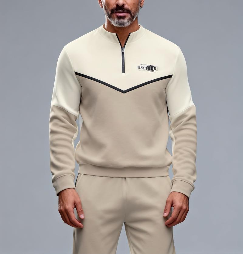 "New European and American men's sportswear set, featuring a half-zipper top paired with matching pants, and a trendy design with a sleeve patch featuring the number 5. The fabric is comfortable, suitable for daily street wear, casual commuting, and effor