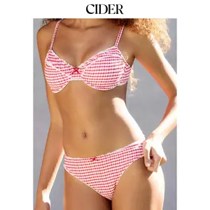 Cider Sweetheart Neckline Gingham Contrasting Lace Underwire & Cheeky Bikini Set