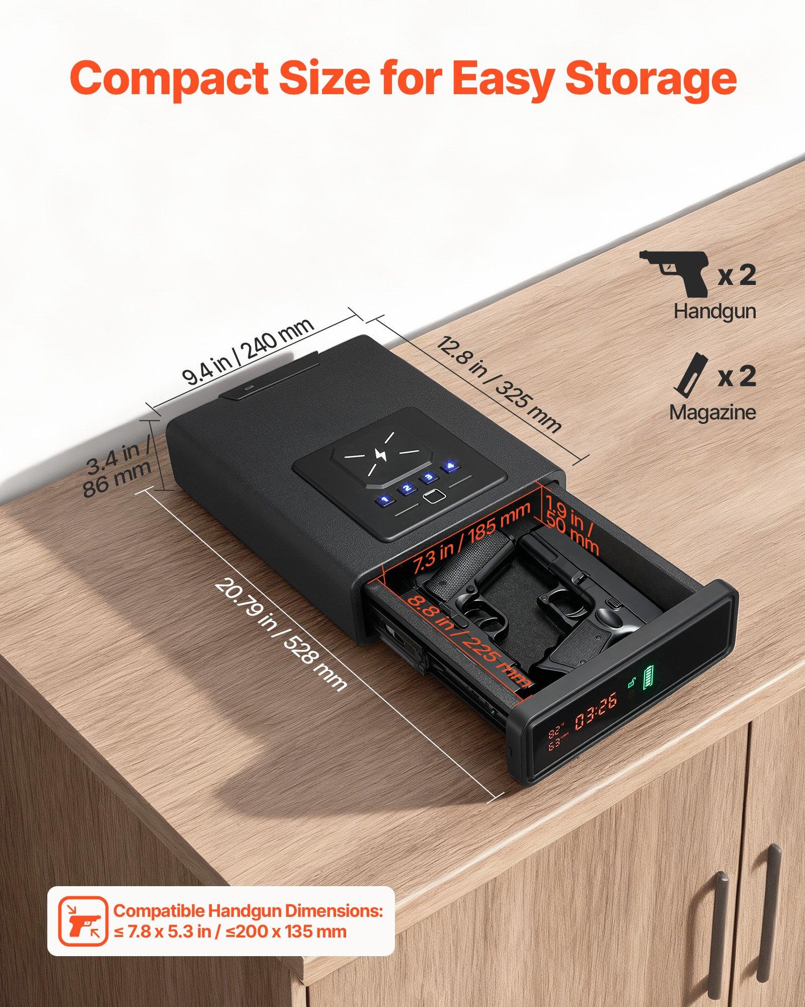 VEVOR Gun Safe, Pistol Handgun Drawer Safe with Fingerprint/Password/Key, 3-Way Quick Access Firearm Case Drawer with Screen for 2 Pistols & Magazines, Wireless Charging, for Desk Bedside Nightstand