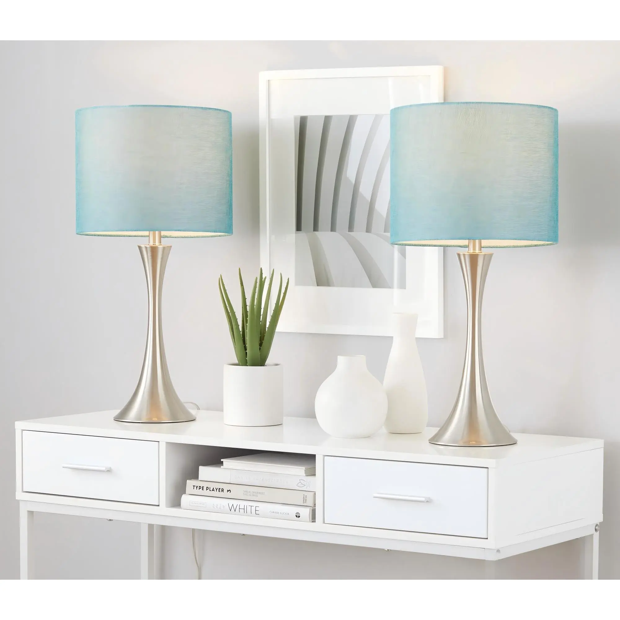 Nokaa 24 In Contemporary Metal Base Table Lamp Set of 2, Brushed Nickel with Turquoise Textured Linen Shade, for Living Room Bedroom End Table Nightstand Modern Accent Lighting Decor