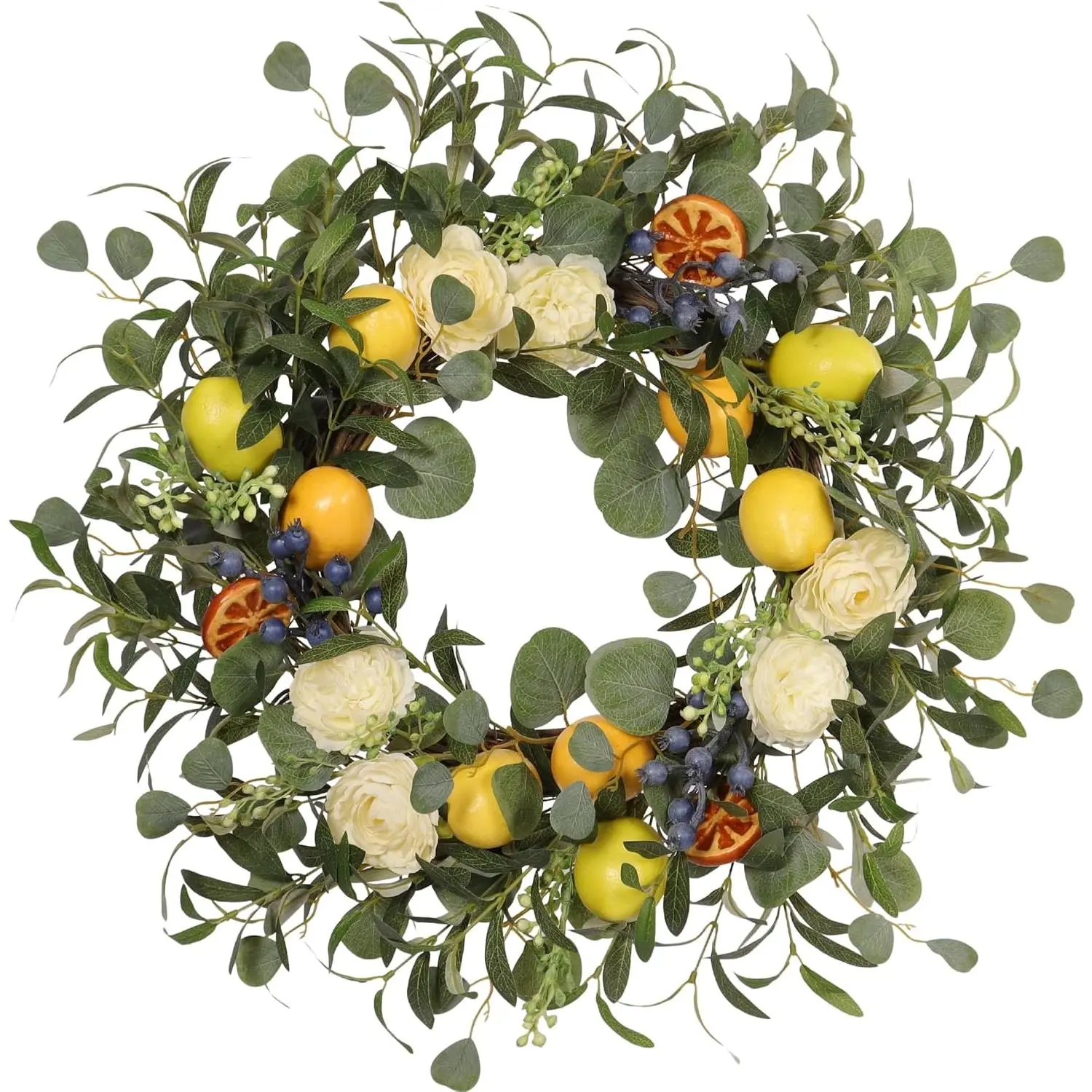22 Inch Lemon Wreath for Front Door, UV Resistant Faux Dried Orange Citrus Floral, Waterproof Farmhouse Spring Summer Wreath with Olive Leaves