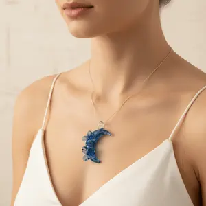 Handmade Lake-Blue Moon & Blossom Glass Pendant, Crystal DIY Charm for Jewelry Making (Cord Not Included), Ideal for Beach Style Outfits