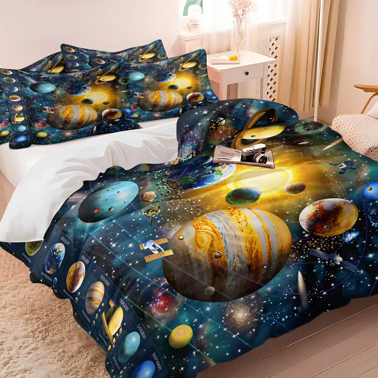 2/3Pcs Fluffy Space Solar System Planet Comforter Set Galaxy Star Satellite Colorful Planets Educational Print Bedding Dreamy Lightweight All Season Bed Set For Kids Astronomy Lover Bedroom Duvet Cover Set