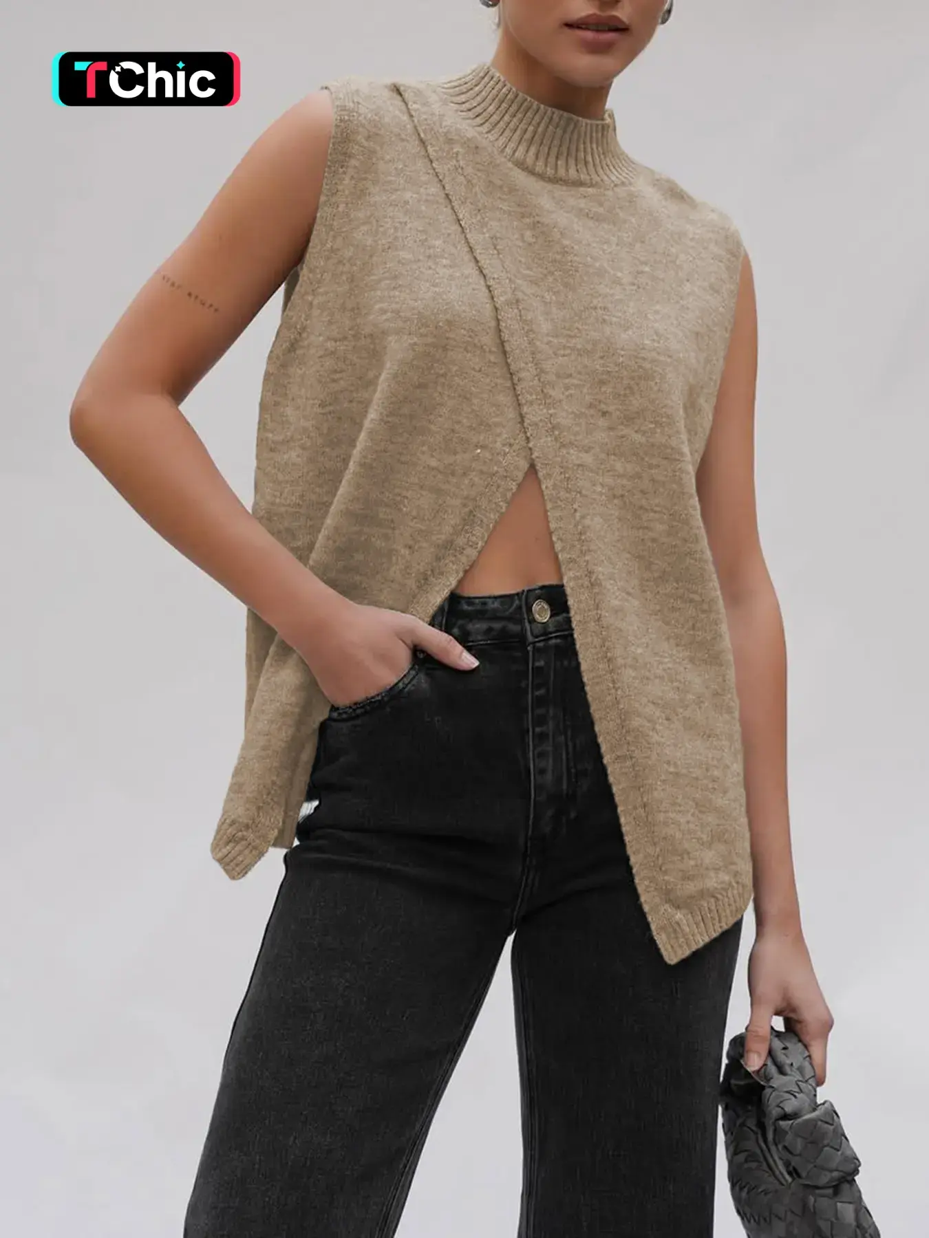 Women's Solid Color Mock Neck Sweater Vest, Casual Chic Sleeveless Jumper Vest for Daily Wear, Ladies Knitwear for Fall & Winter, Tops