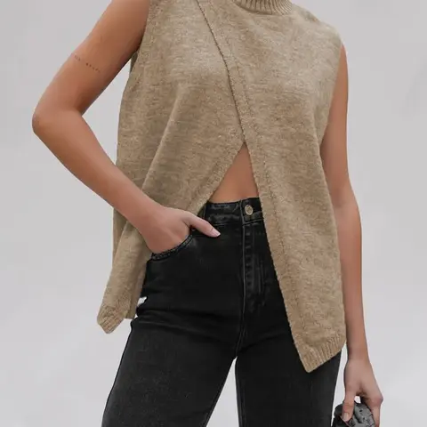 Women's Solid Color Mock Neck Sweater Vest, Casual Chic Sleeveless Jumper Vest for Daily Wear, Ladies Knitwear for Fall & Winter, Tops