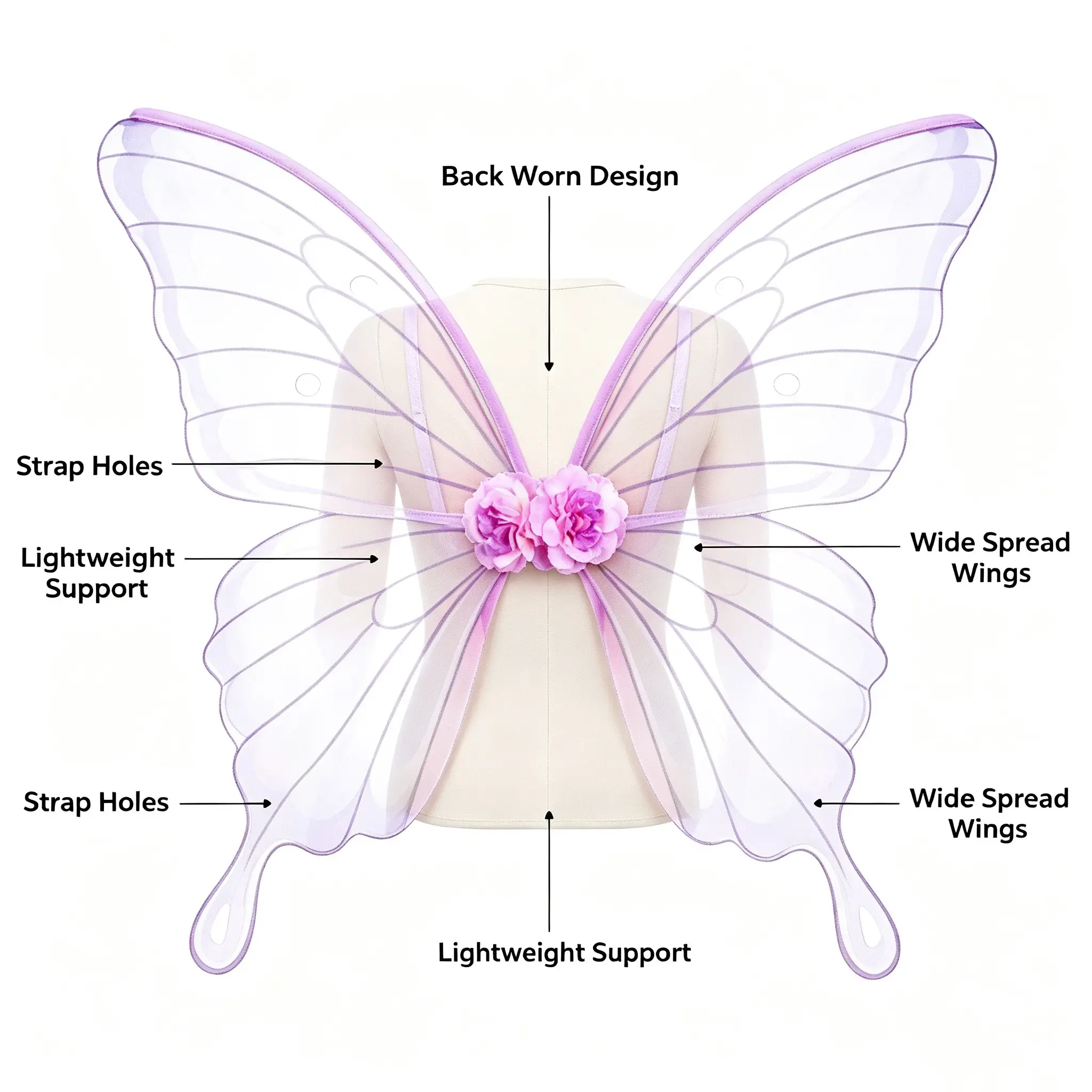 Butterfly Fairy Wings Costume Prop, Colors, Lightweight Mesh with Flower Decor, Halloween, Party, Role Play, Stage Performance