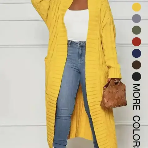 Women's Solid Color Pocket Open Front Twist Knit Basic Cardigan, Casual Style Oversized Loose Long Sleeve Cozy Knitwear for Fall & Winter, Women's Knit Clothing for Daily Wear, Womenswear, Knitting, Lady