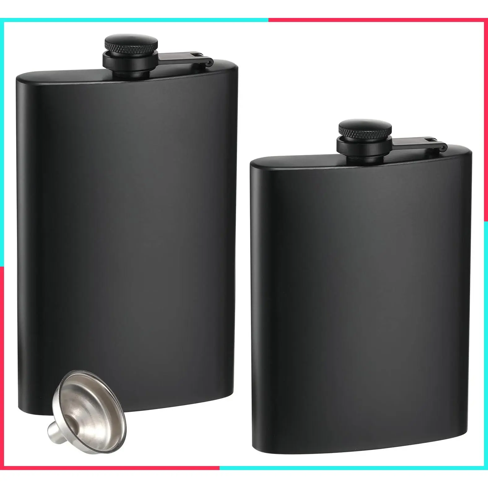 2 Pack Stainless Steel Hip Flasks for Liquor - 8 oz & 12 oz Leakproof Thin Flasks with Funnel, Matte Black, for Men & Women
