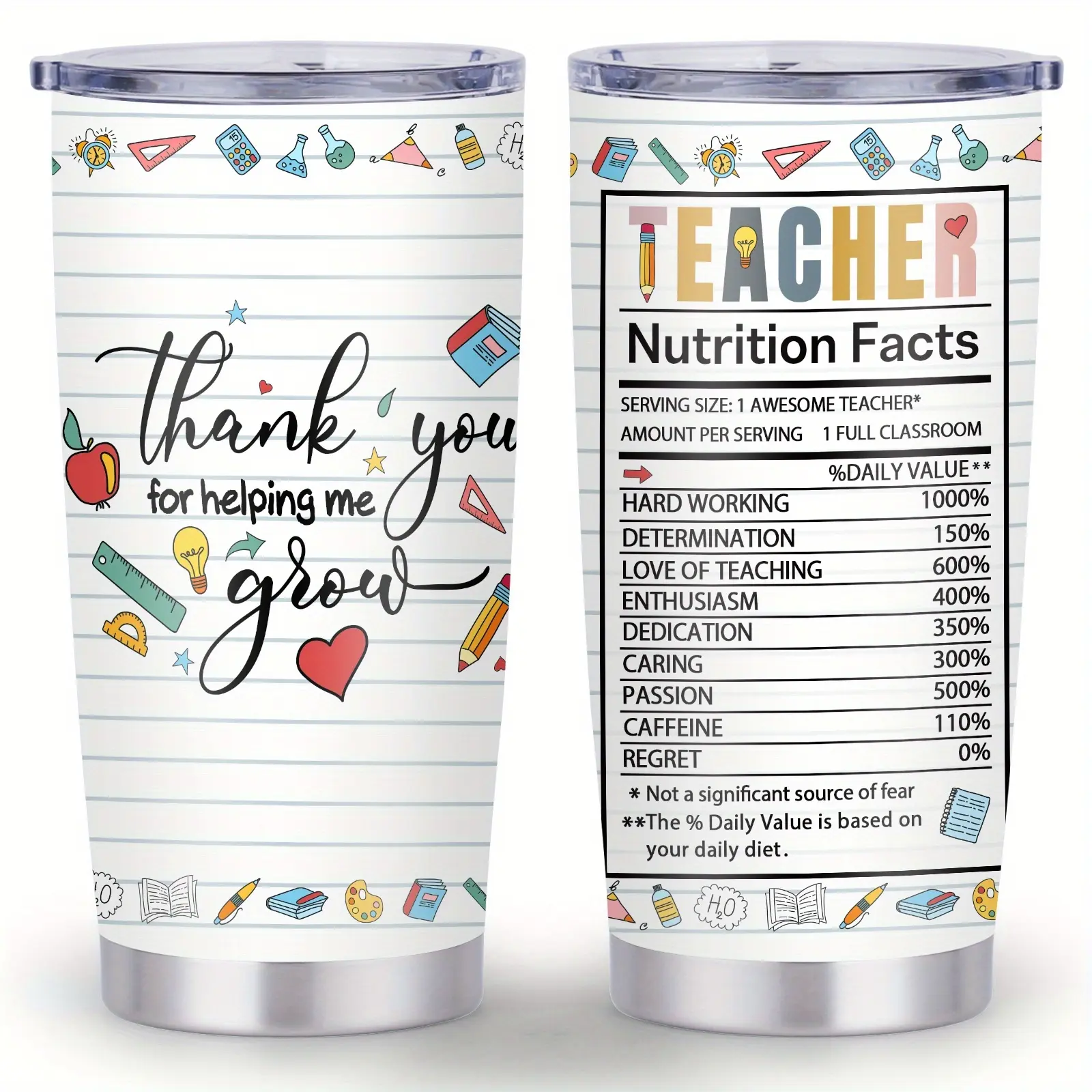 20oz Stainless Steel 3D-Printed Teacher Appreciation Tumbler - Double-Wall Insulated Vacuum Flask, Leak-Proof Sliding Lid, Pencils-Books-Hearts Classroom Design, Ideal Gift for Teacher’s Day, Classroom Decor