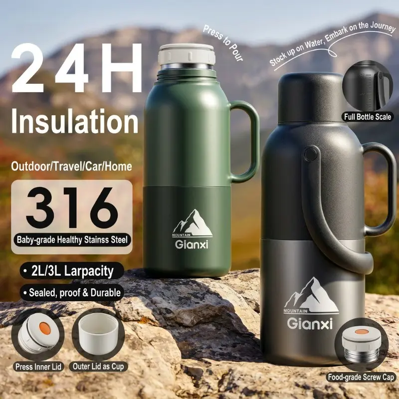 2L/3L Large Insulated Water Jug, Drinkware Vacuum Flask, 316 Stainless Steel Vacuum Thermos Flask, 24 Hours Hot & Cold Retention Leakproof Travel Water Bottle with Handle & Dual Lid for Camping Road Trip Outdoor Sports