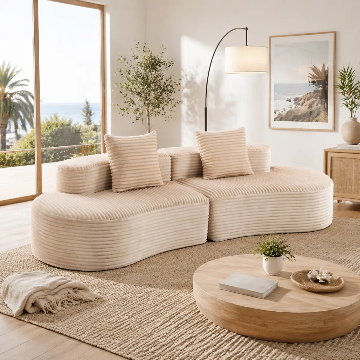110.24" Fully Compressed Sofa, Corduroy 2-Seater Couch with 2 Lumbar Pillows, Cozy Deep Seat Upholstered Sofa, No Assembly Cloud Couch for Living Room & Bedroom, Beige
