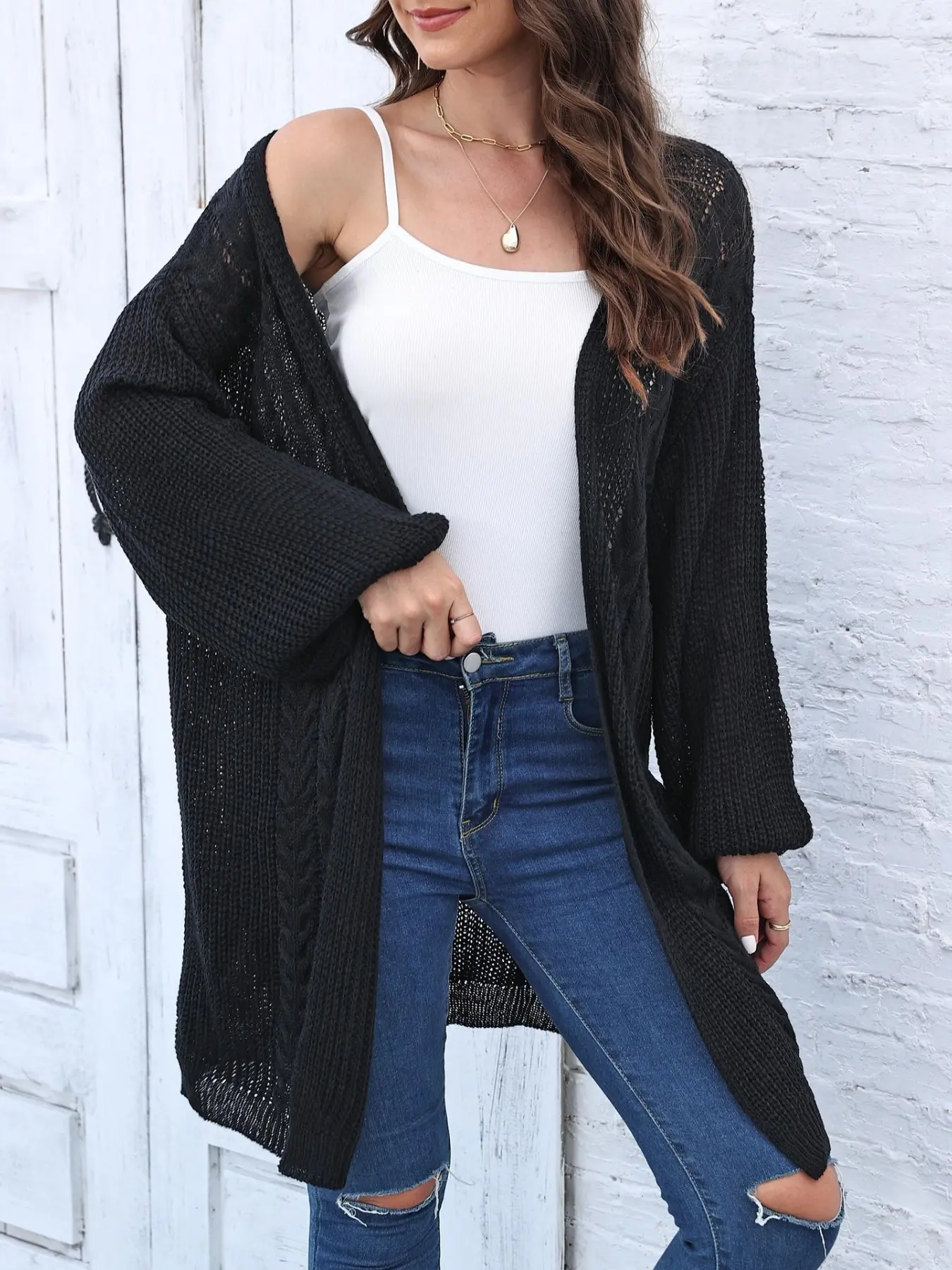 Boho Women's Street Style Cardigan, Open Front Lantern Sleeve Midi, Solid Color Knit Fabric, Spring & Fall Casual Wear