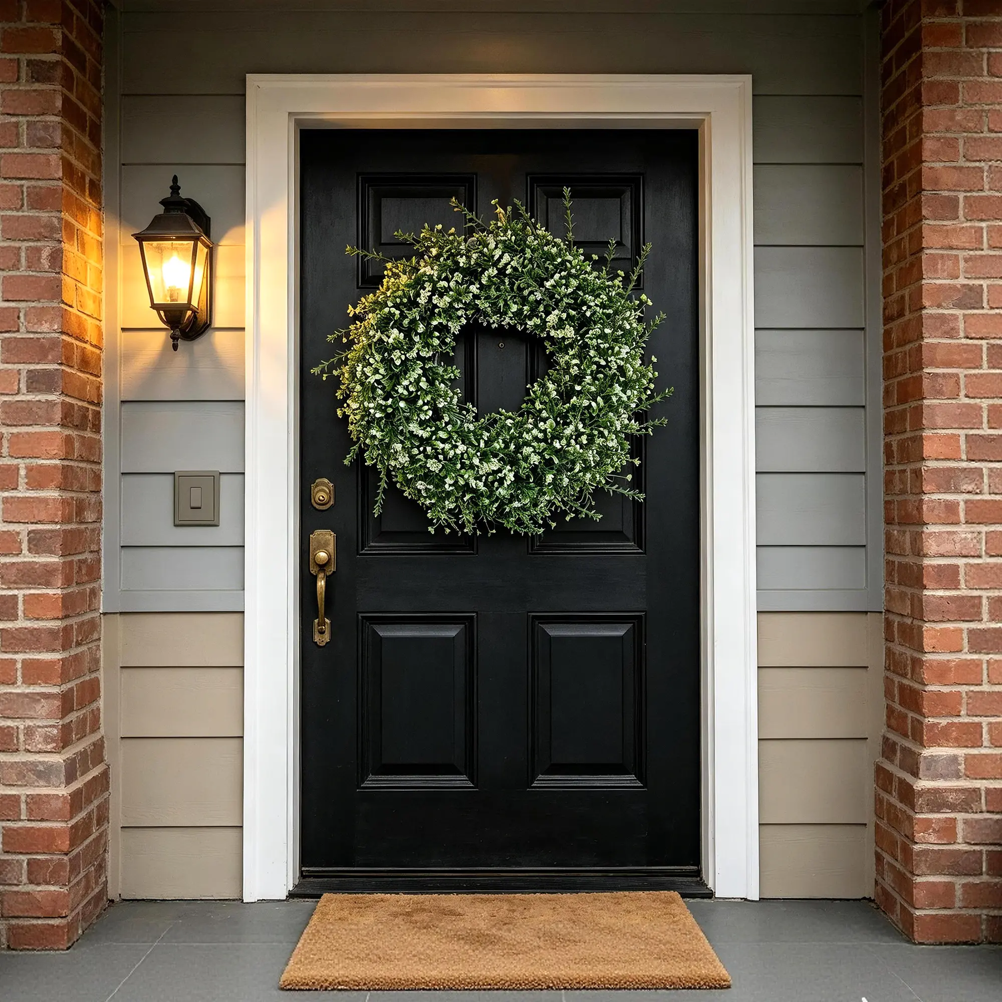 Artificial Greenery Wreath with White Baby Breath, 26 Inch Faux Spring Floral Wreath for Front Door Outdoor Indoor Home Wall Window Farmhouse Decor