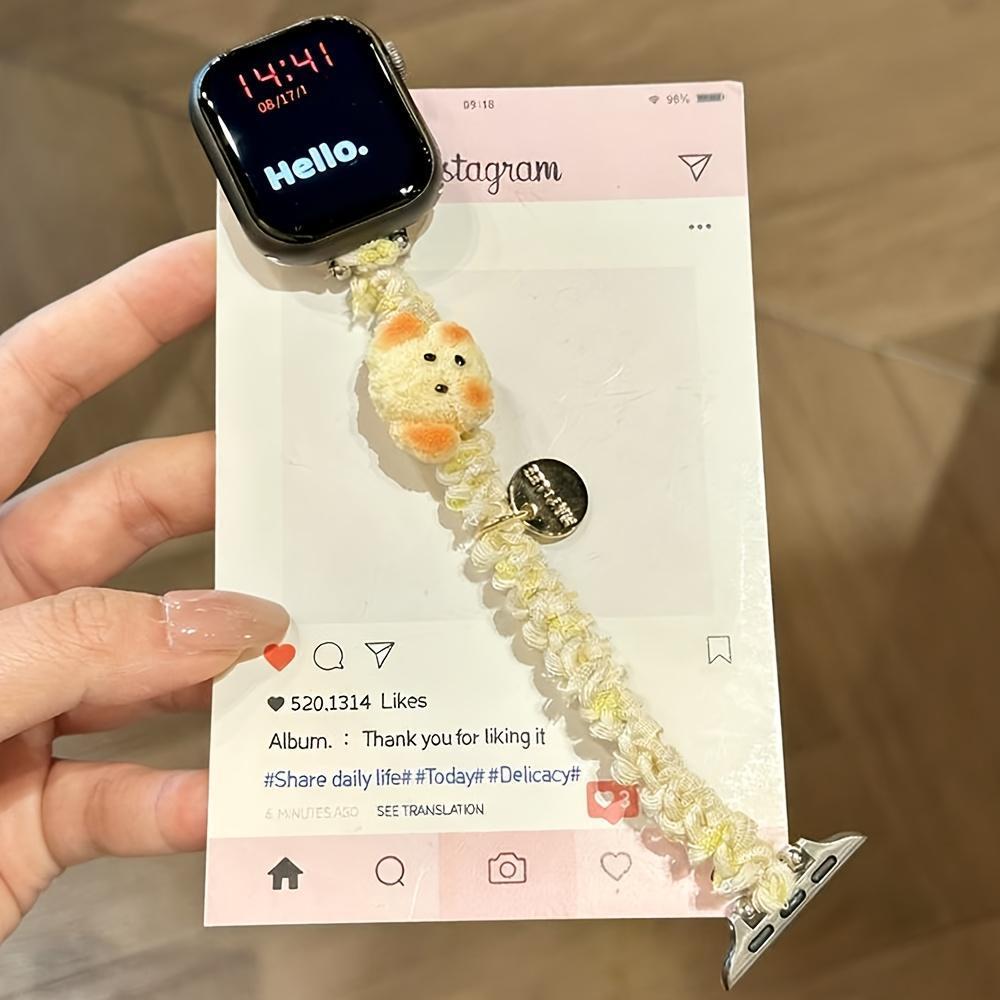 Stylish Cute Scrunchie Gradual Change Elastic Bands with 3D Puppy Dog Pendant for Apple Watch Band 46mm 45mm 44mm 41mm 42mm 38mm 40mm 49mm Ultra 2 Kawaii Adjustable Nylon Straps for iWatch Series 10 9 8 SE 7 6 Stylish Smartwatch Wristband