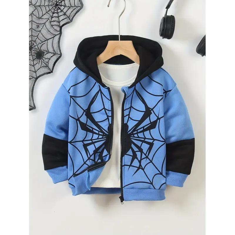 Boys' Athletic Casual Spider Web Full Print Patchwork Sleeve Zipper Hoodie Jacket Outdoor Party Warm Comfortable Fall Winter