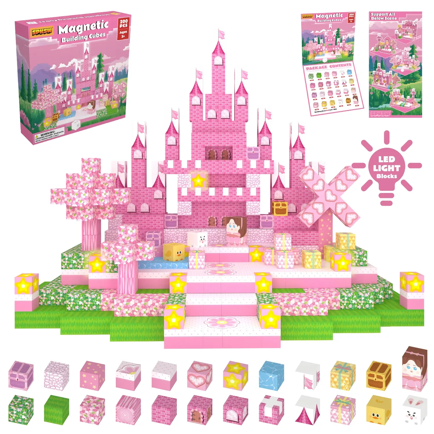Pink Castle My Magnetic World Building Blocks, 100-piece and 200-piece packs, Magic Castle series, STEM Montessori sensory toy, some blocks light up, suitable for boys and girls, Valentine's Day gift, boyfriend gift, outdoor fun magnetic building blocks.