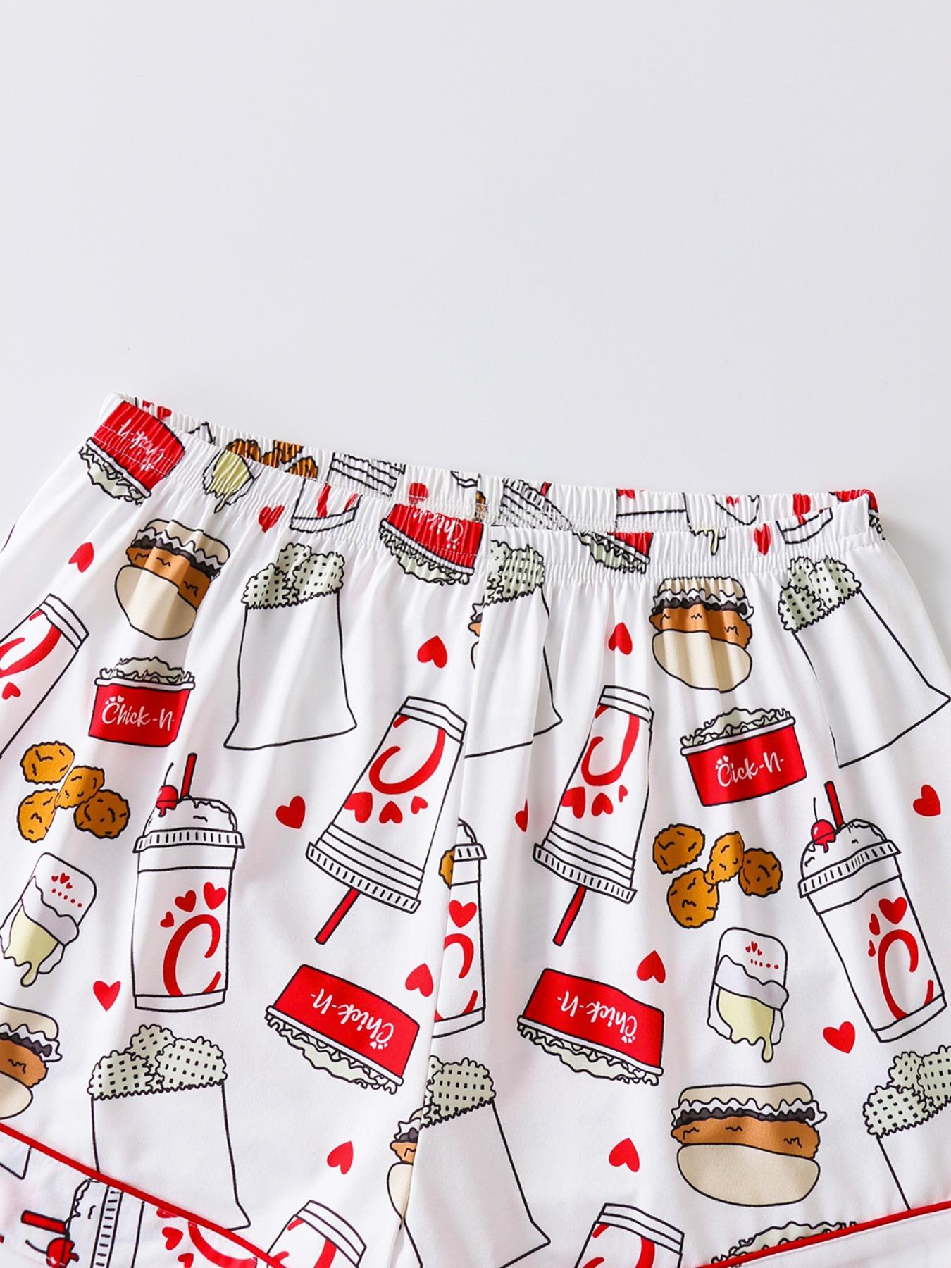 Women's All Over Print Button Front Shirt & Shorts Pyjama Set, Comfort Two-piece Pj Set for Homewear, Women's Sleepwear for All Seasons, Pajama Set, Casual Sleepwear Set