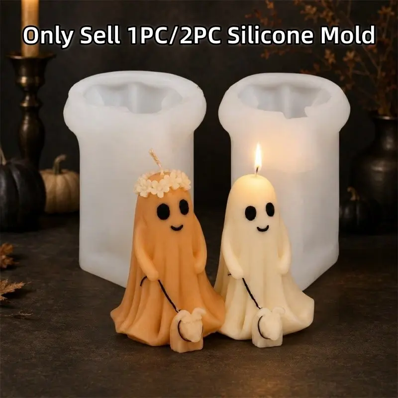1/2 PCS 3D Ghost Candle Silicone Mold Set, Cute Ghost Halloween Mold for Soy Wax, Soap, Resin, Plaster and Home Decoration