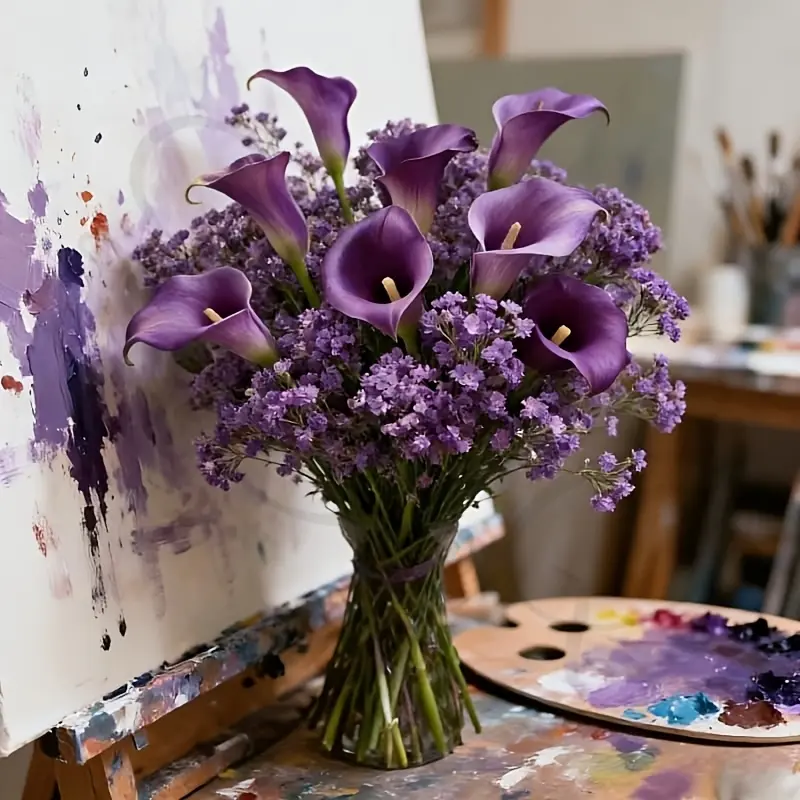 30Purple Calla Lilies and Purple Baby's Breath Artificial Bouquet - Outdoor Fake Flowers - Halloween Decorations, Holiday Artificial Flower Arrangements, Suitable for Day of the Dead, Halloween, Christmas