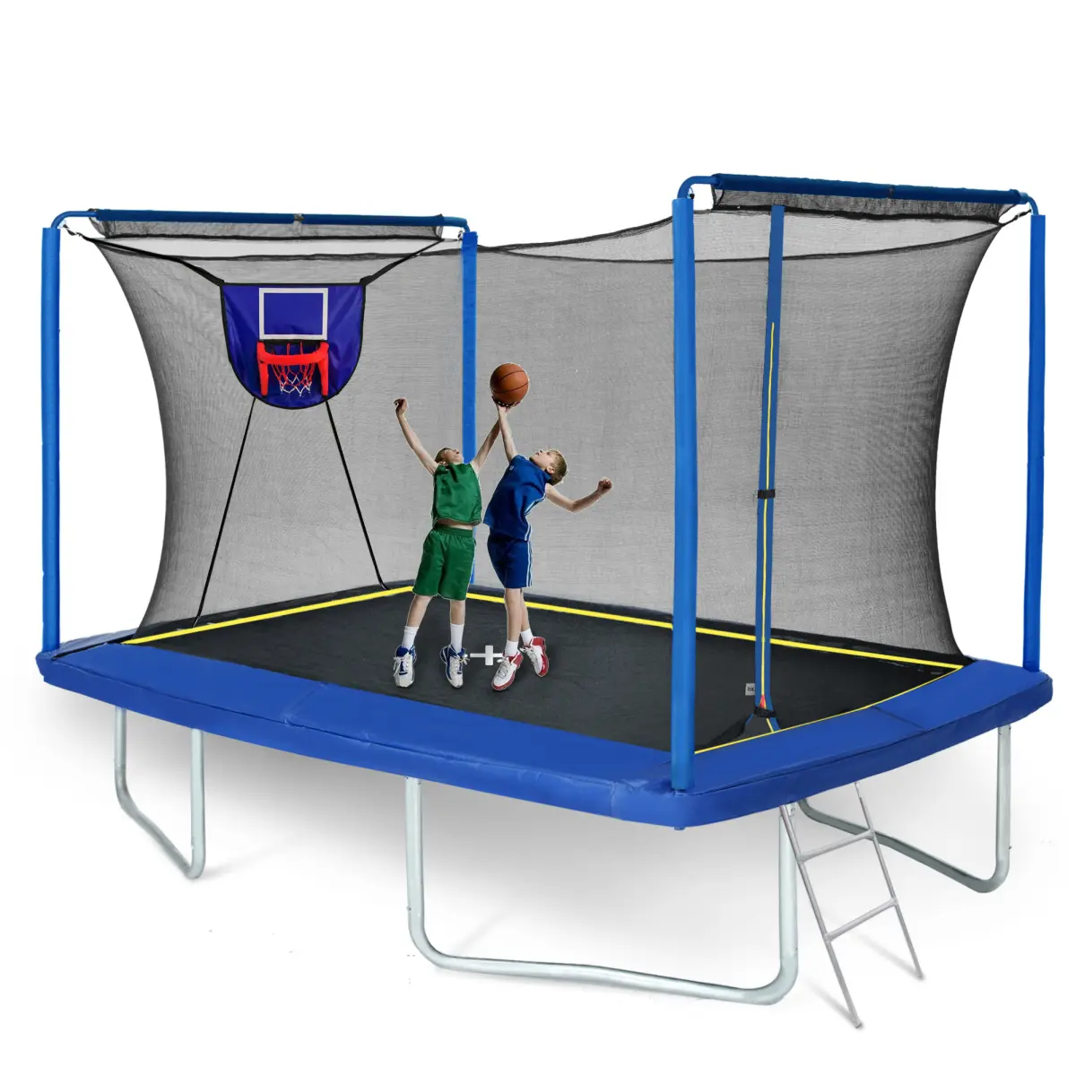 New YC 8ft x 12ft Rectangular Outdoor Trampoline with Basketball Board, Ball Inflater, Ladder, Reinforced T-Sockets, Space From Net to Poles - Blue, ASTM Standard Tested, CPC Certified, Adjustable Height