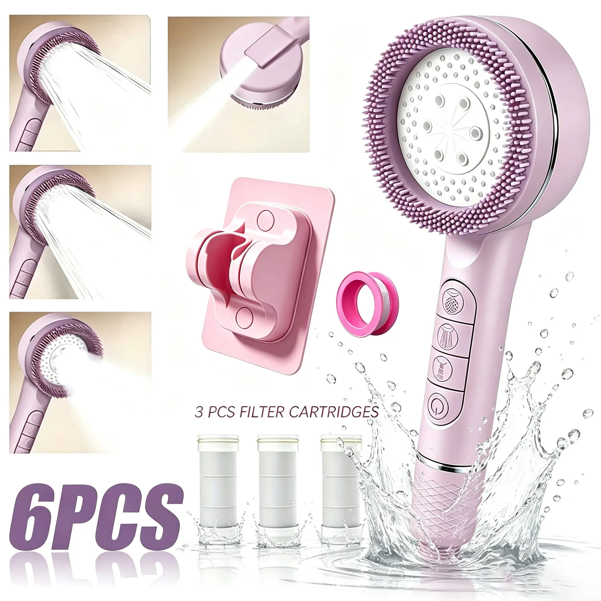 Multi-Function Handheld Shower Head, Silicone Brush, 4 Spray Modes, Detachable Massage Shower Head, Filter Core, Self-Adhesive Rack, No Hose