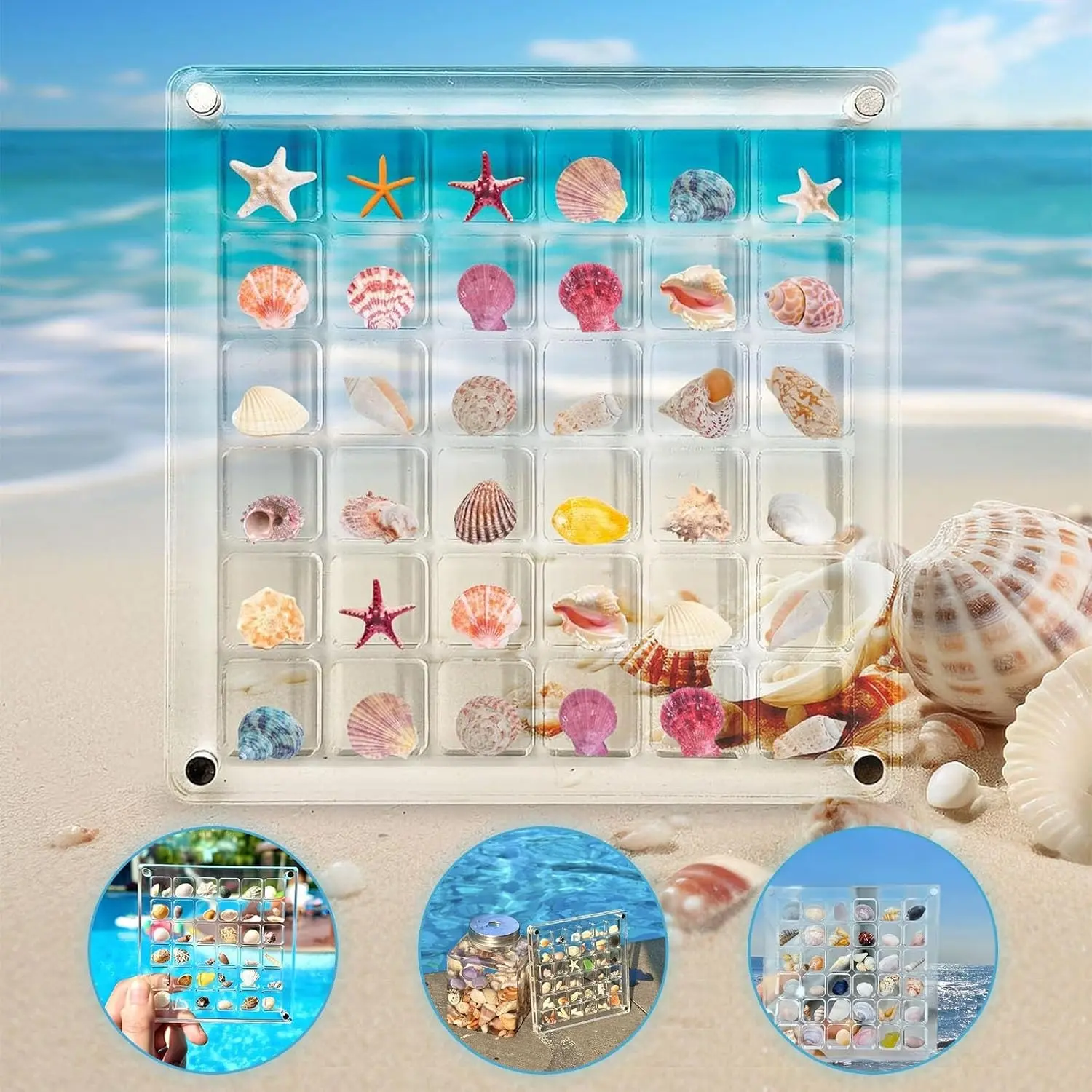 36 Grids Acrylic Display Box, Approx. 12 x 12 cm Clear Magnetic Shadow Box for Seashell, Rock, Crystal, Thimble Collection, Mini Trinket Display Holder for Collector