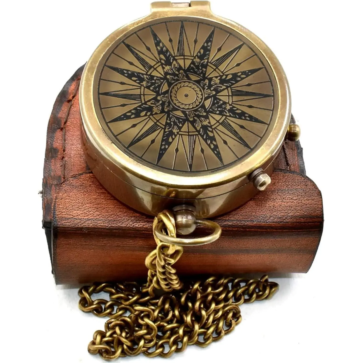 Classic Handmade Antique Functional Brass Compass with Chain and Leather Case Vintage Decorative Pocket Compass for Men and Women