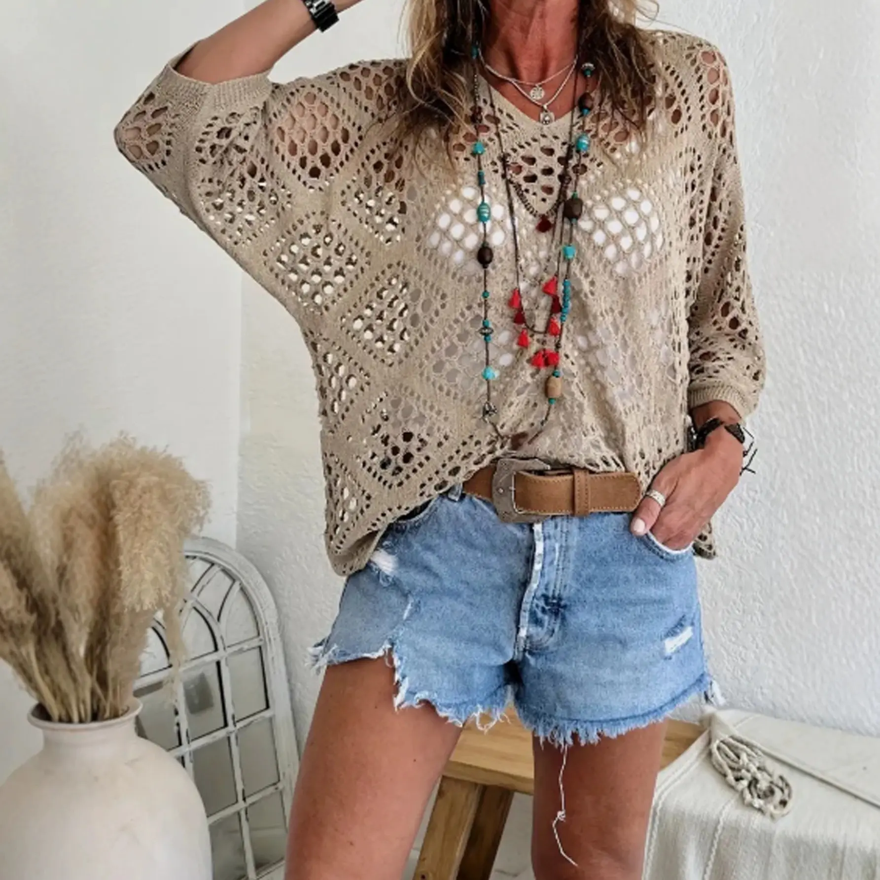 Women's V-Neck Hollow Out Knit Sweater |       Spring Summer Batwing Sleeve Crochet Blouse |       Diamond Geometric Sheer Lightweight Top