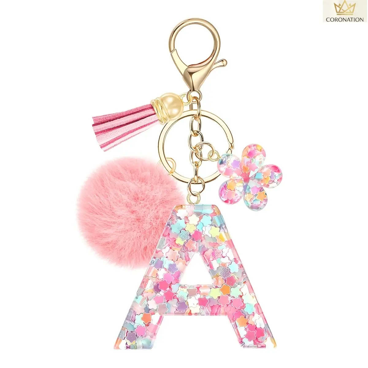 Women's Personalized Initial Pendant Resin Keychain - Cute Pink Flower Sequin Resin Charm, Camping Hammock Bag-Backpack Accessory, Custom Alphabet Bag Accessories Charm Gift