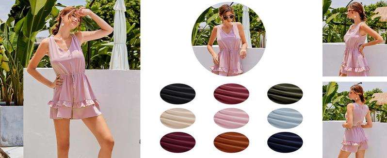 FMEYOA Womens V Neck Beach Tank Rompers Flowy Ruffle Layered Shorts Jumpsuit High Waist