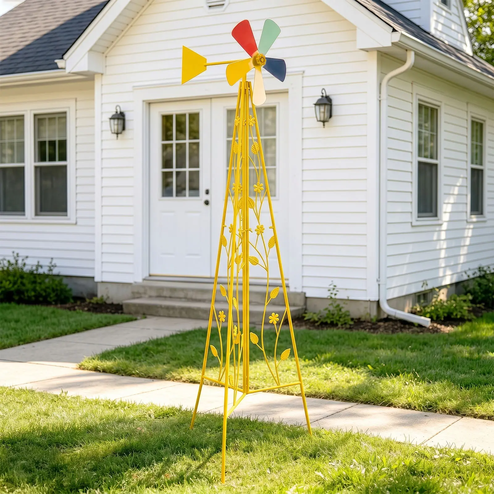 6.2ft Garden Windmill with Tripod Stand, Heavy Duty Durable Iron Yellow Wind Mill for Backyard, Ornamental 5-Blade Spinner for Yard Decor