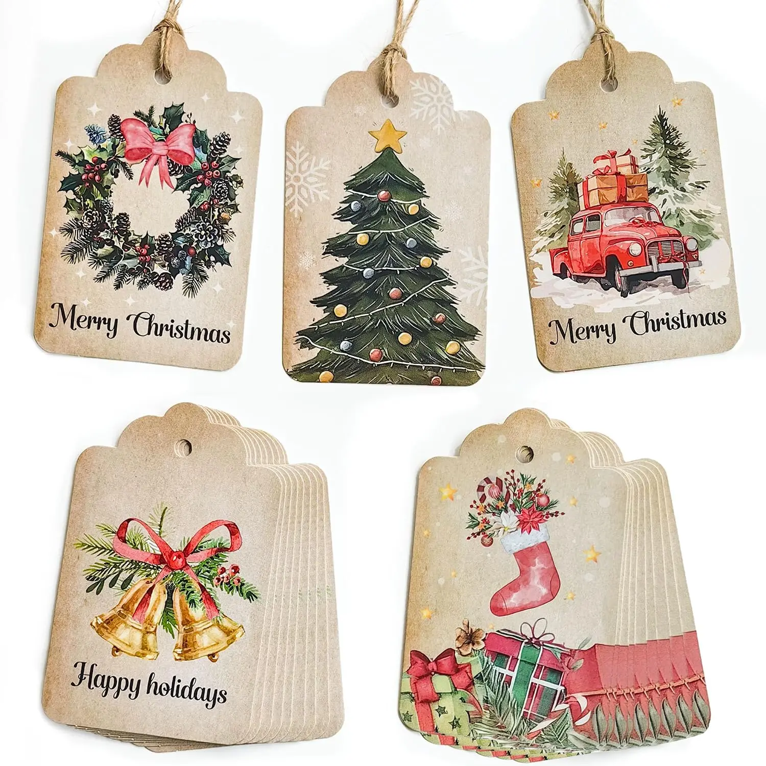 Christmas  Tags with String - 45 Quality Paper Labels for Personalizing Your Christmas Presents, 5 Holiday Designs, 2 x 3 Inch Rustic Xmas  Name Tags for Presents & Gifts Bags Wrapping
