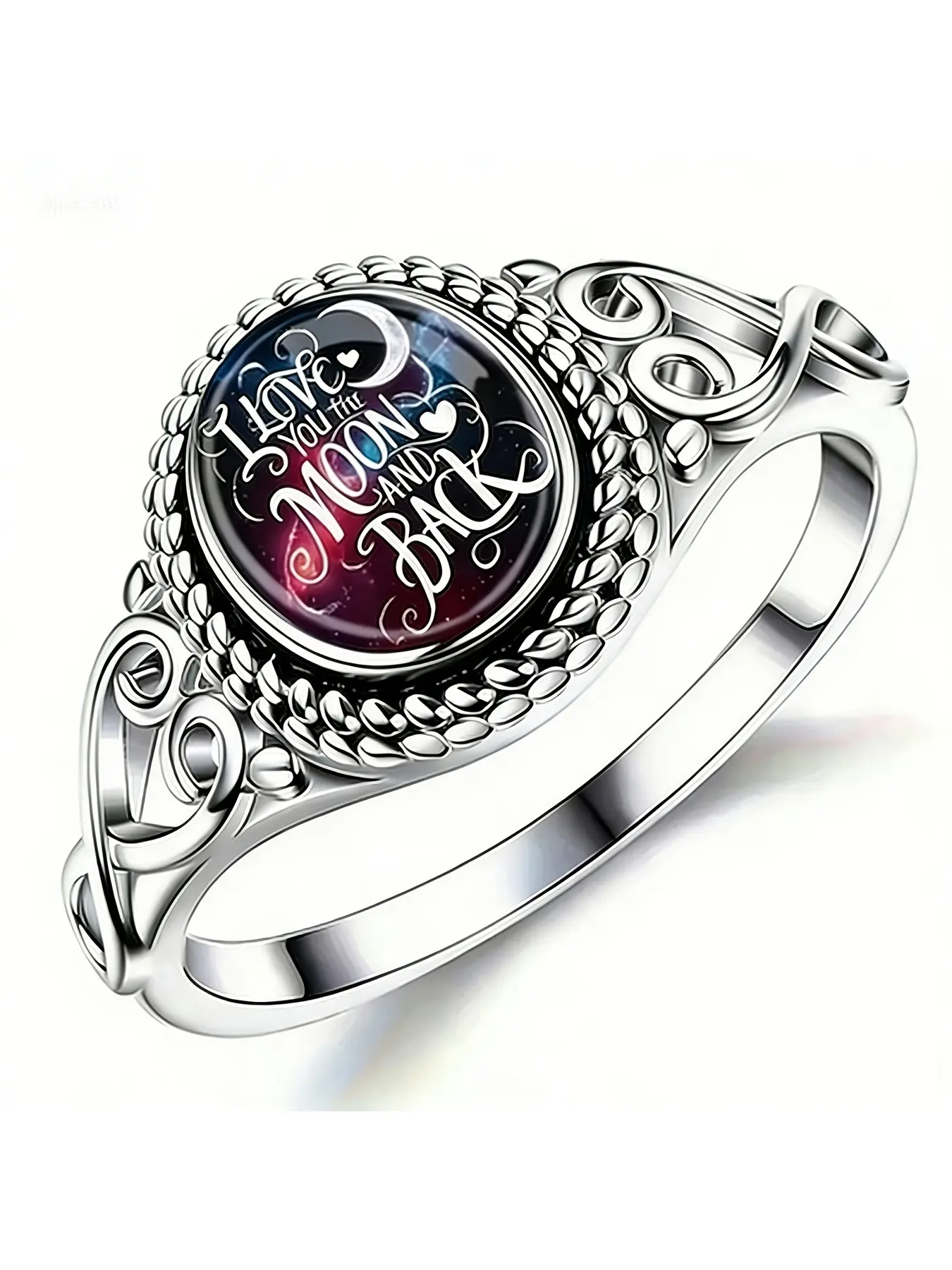 Vintage lady's hollowed-out vine-shaped round promise ring with the English slogan "I LOVE YOU TO THE MOON AND BACK" featuring a starry night and the moon. Romantic gift for couples or as decoration jewelry for special occasions.