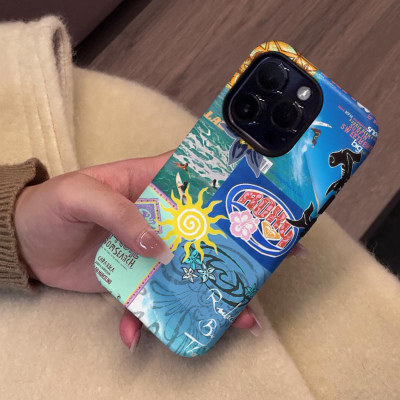 Beach Vibes Phone Case , Y2K Surf Magazine Collage with Bold Colors, Shockproof Rugged Cover Dual Layer Soft TPU Hard Bumper Shell for iPhone 7 8 X XR 11 12 13 14 15 16 17 Pro Max Plus Air