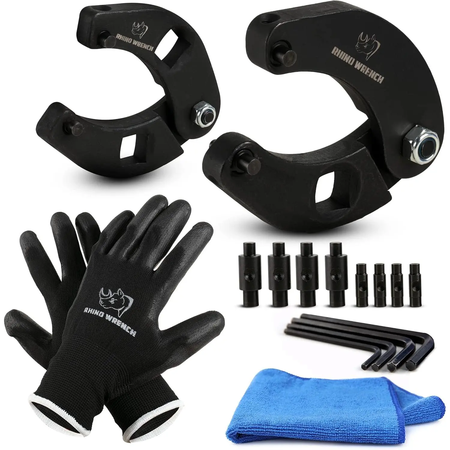 Carbon Steel Rhino Gland Nut Wrench Full Kit - 2 Adjustable Hydraulic Cylinder Pin Spanner Wrenches with Square Bar Slot, Gloves, Towel, Secure Pins - For 2-6 in Farm Equipment Nuts