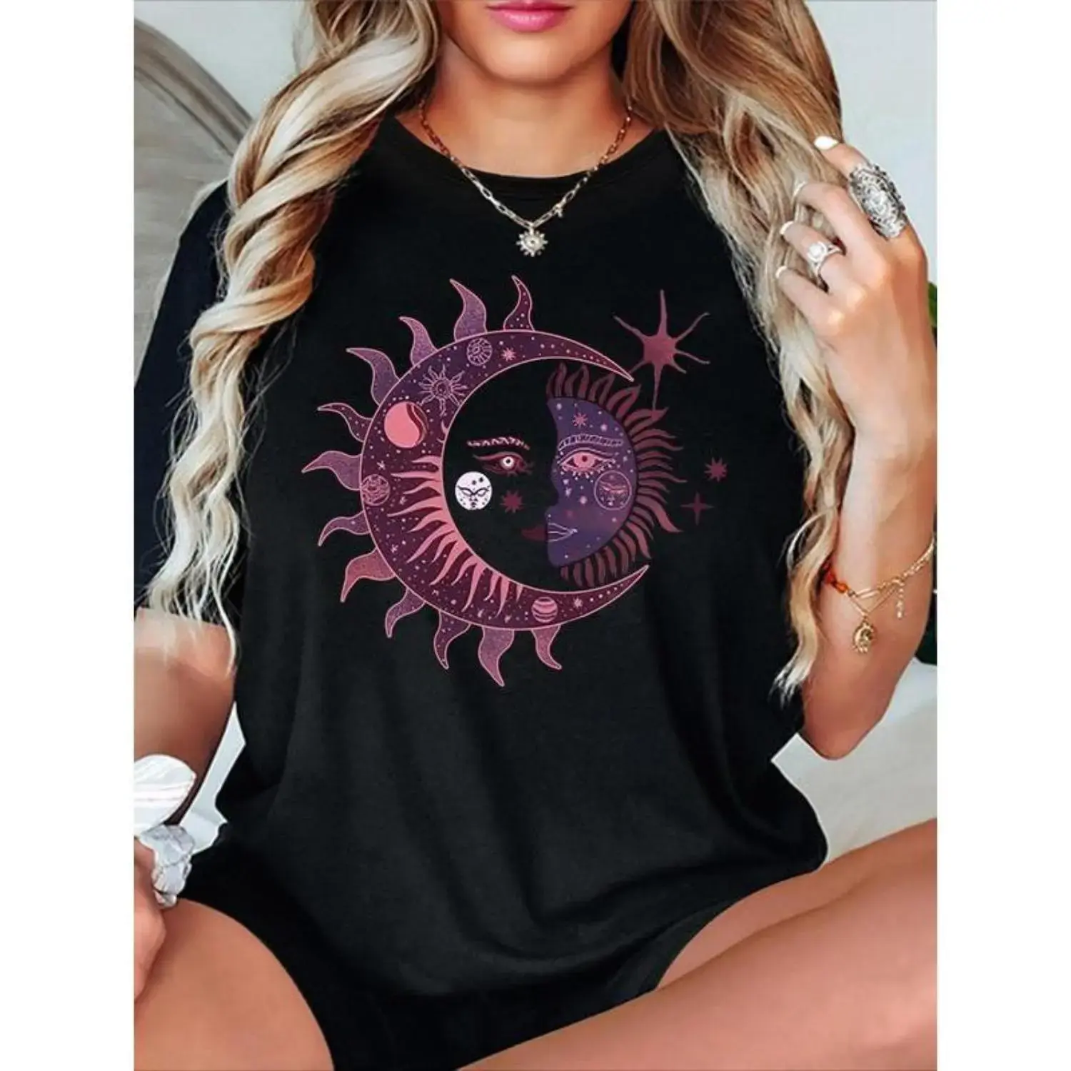 Women's Casual Sun & Moon Graphic Tee Crew Neck Short Sleeve Machine Washable Perfect for Spring & Summer  Shirt Top Womenswear Black Breathable Polyester Blend Comfortable Stylish T-Shirt Unisex Design Day Knitted