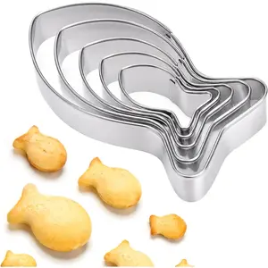 Fish Cookie Cutters Set of 5, Food Grade Stainless Steel Fish Shaped Cookie Cutter with Storage Box, Dishwasher Safe Sandwich Cutters & Biscuit Molds for Kids