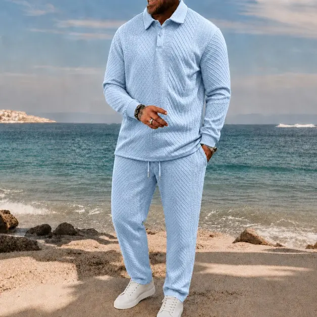 Trending Men’s Long-Sleeve Polo Shirt & Long Pants Set, Jacquard Textured Outfit, Lightweight Breathable Sportswear, Casual Streetwear Matching Set